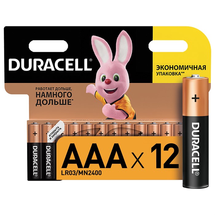 Батарейки КОМПЛЕКТ 12 шт., DURACELL Basic ОРИГИНАЛ, AAA (LR03, 24А), алкалиновые, мизинчиковые 451362 - фото 105992