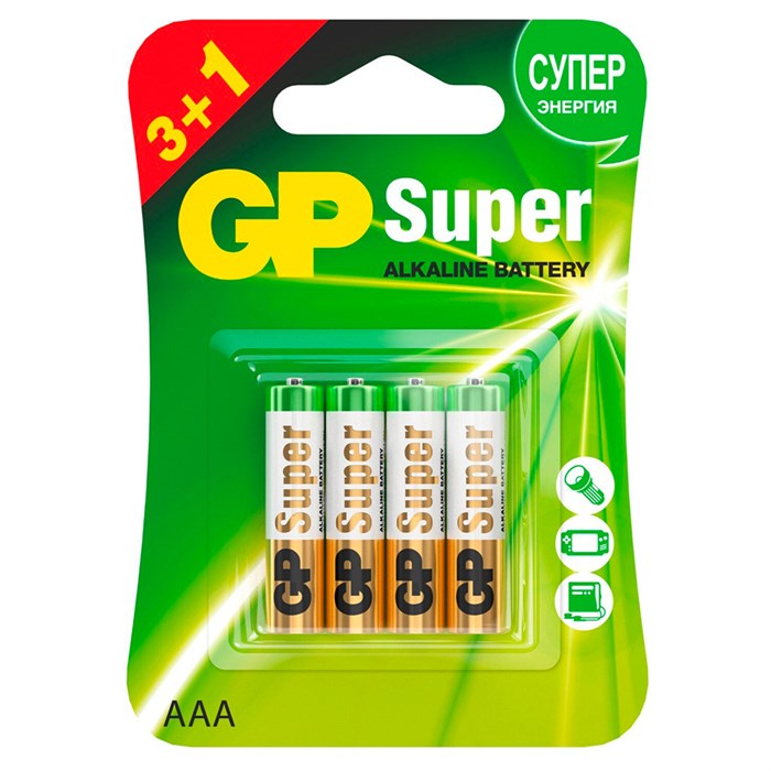 Батарейки КОМПЛЕКТ 4 шт., GP Super, AAA (LR03,24А), алкалиновые, мизинчиковые, ПРОМО 3+1, 24A3/1-2CR4 455921 - фото 106228