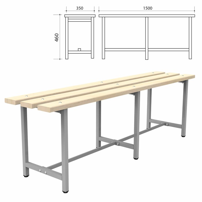 Скамья деревянная на металлокаркасе СТ 3, 1500х350х460 мм, регулируемые опоры, каркас металлический серый, сиденье дерево 532529 - фото 106365
