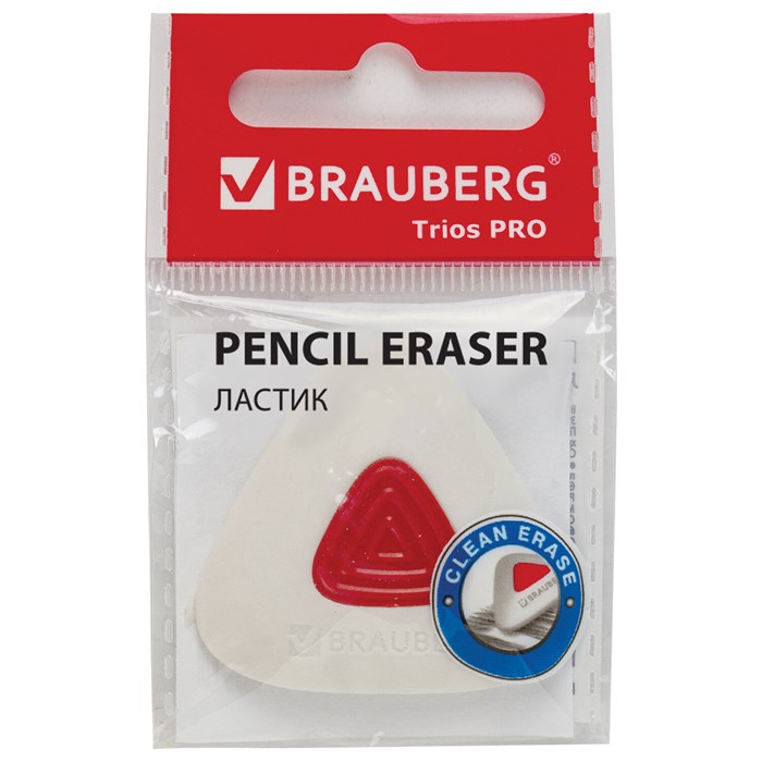 Ластик BRAUBERG Trios PRO, 36х36х9 мм, белый, треугольный, красный пластиковый держатель, 229559 229559 - фото 114071