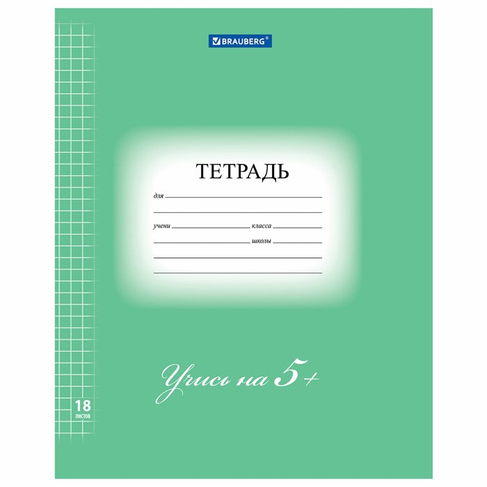 Тетрадь 18 л. BRAUBERG ЭКО 5-КА, клетка, обложка плотная мелованная бумага, ЗЕЛЕНАЯ, 402987 402987 - фото 119614