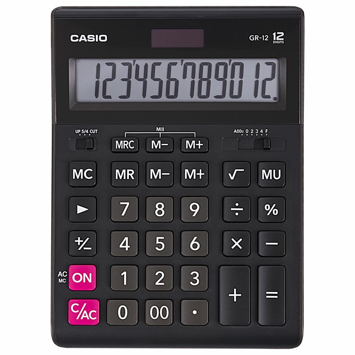 Калькулятор настольный CASIO GR-12-W (209х155 мм), 12 разрядов, двойное питание, черный, европодвес, GR-12-W-EP 250380 - фото 143415