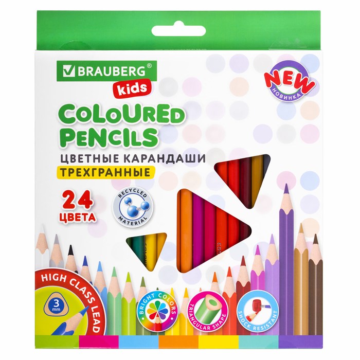 Карандаши цветные BRAUBERG KIDS NEW, 24 цвета, трехгранные, грифель 3 мм, 182002 182002 - фото 144402