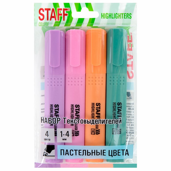 Набор текстовыделителей 4 ПАСТЕЛЬНЫХ ЦВЕТА, АССОРТИ, STAFF College "STICK PASTEL", линия письма 1-4 мм, скошенный наконечник, 152531 152531 - фото 154532