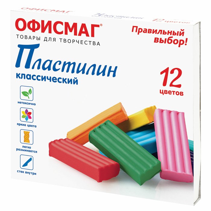 Пластилин классический ОФИСМАГ, 12 цветов, 240 г, СО СТЕКОМ, 106677 106677 - фото 165455