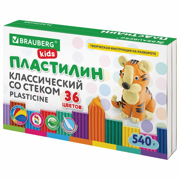 Пластилин классический BRAUBERG KIDS, 36 цветов, 540 грамм, стек, ВЫСШЕЕ КАЧЕСТВО, 106678 106678 - фото 165858