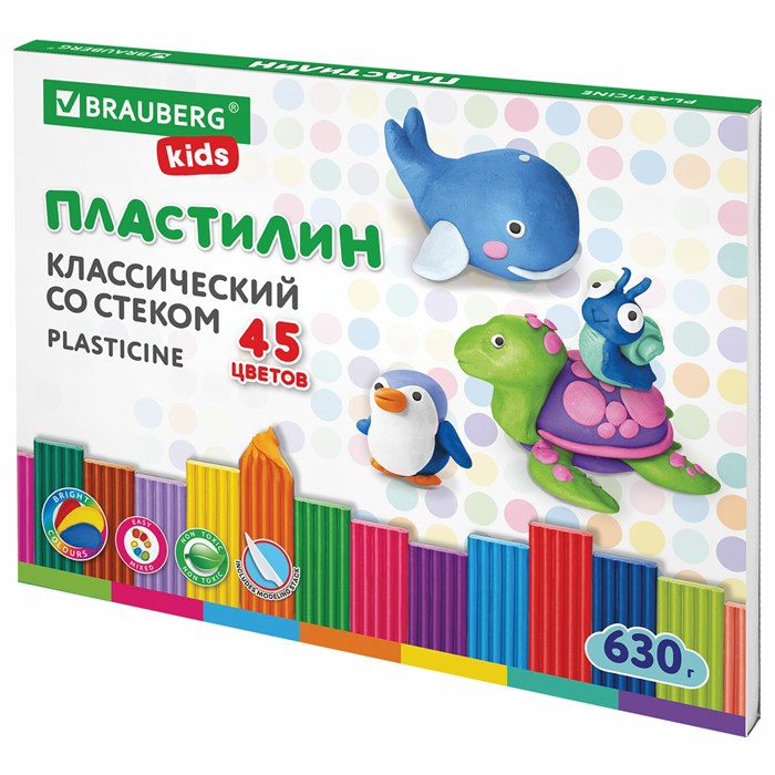 Пластилин классический BRAUBERG KIDS, 45 цветов, 630 г, стек, ВЫСШЕЕ КАЧЕСТВО, 106680 106680 - фото 165912