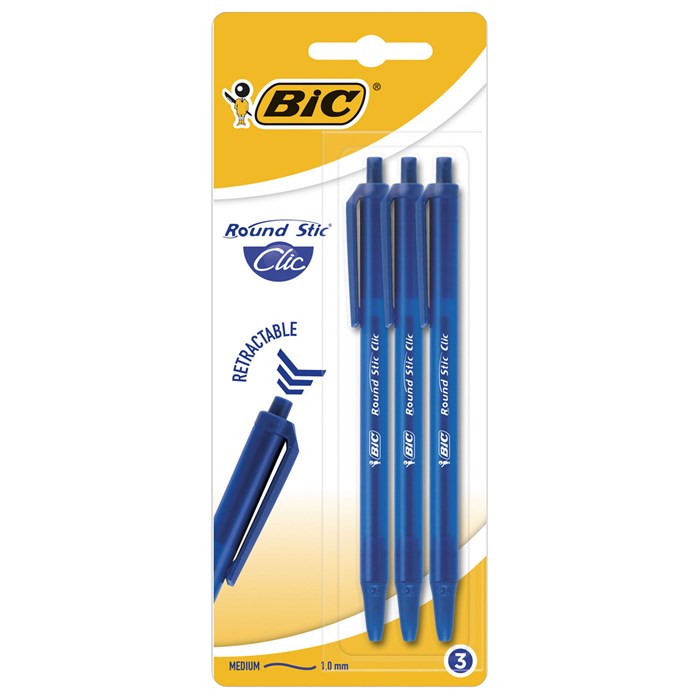 Ручки шариковые автоматические BIC "Round Stic Clic", НАБОР 3 шт., СИНИЕ, линия письма 0,32 мм, блистер, 926374 143981 - фото 175508