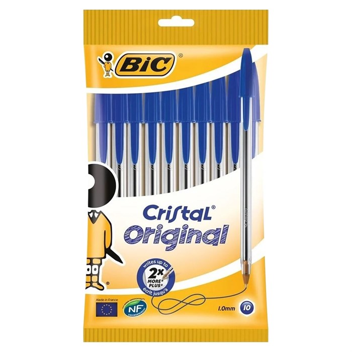 Ручки шариковые BIC "Cristal Original", НАБОР 10 шт., СИНИЕ, узел 1 мм, линия письма 0,32 мм, пакет, 830863 143972 - фото 175713