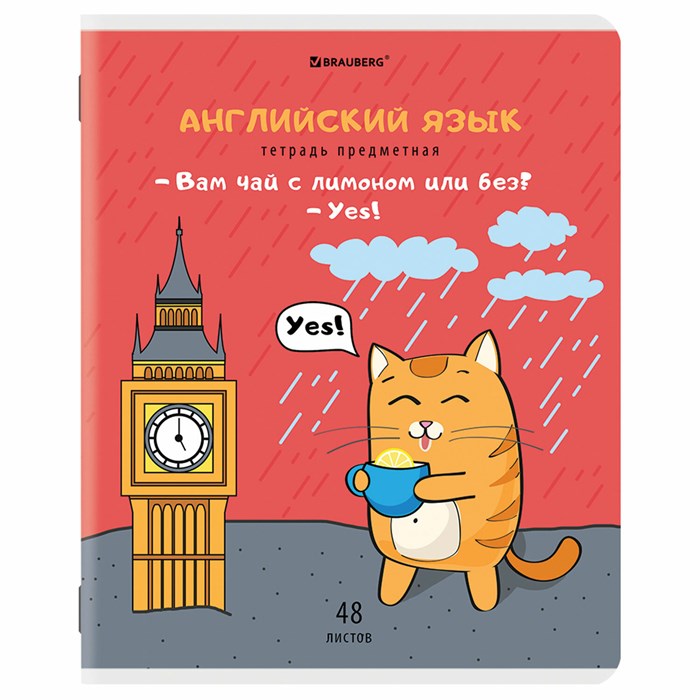 Тетрадь предметная "КОТ-ЭНТУЗИАСТ" 48 л., TWIN-лак, АНГЛИЙСКИЙ ЯЗЫК, клетка, подсказ, BRAUBERG, 404558 404558 - фото 182927