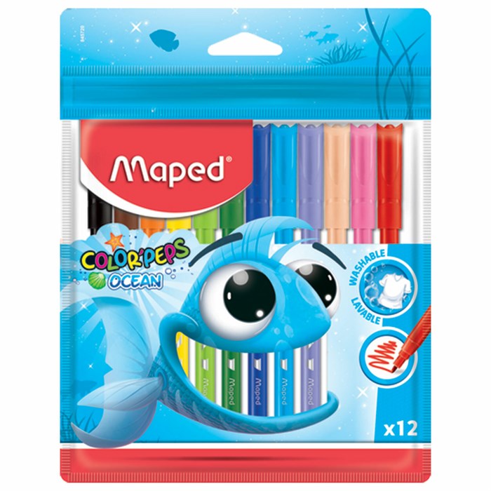 Фломастеры MAPED (Франция) "Color'Peps Ocean", 12 цветов, смываемые, вентилируемый колпачок, упаковка, европодвес, 845720 150764 - фото 185755