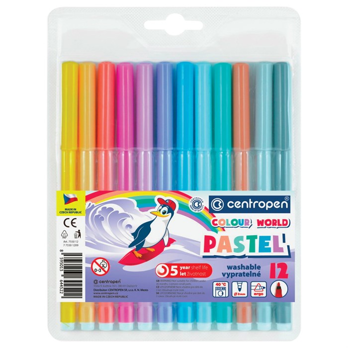 Фломастеры ПАСТЕЛЬНЫЕ 12 ЦВЕТОВ CENTROPEN "Colour World Pastel", смываемые, 7550/12TP, 7 7550 1287 152079 - фото 185807