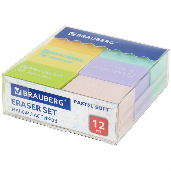 Ластики BRAUBERG "Pastel Soft" НАБОР 12 шт., размер ластика 31х20х10 мм, экологичный ПВХ, 229598 229598 - фото 200992