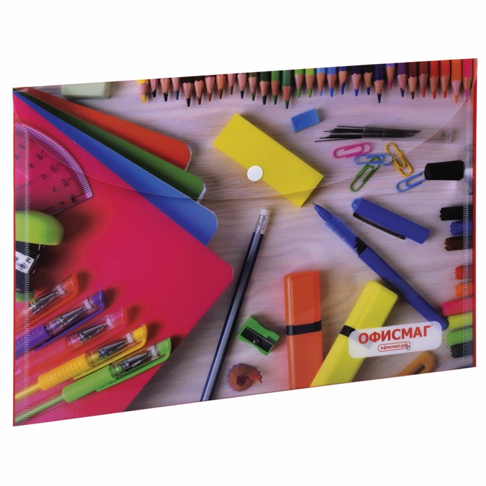 Папка-конверт с кнопкой ОФИСМАГ, А4, 160 мкм, до 100 листов, цветная печать, 228053 228053