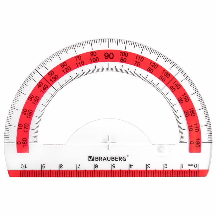 Транспортир 10 см BRAUBERG "FRESH ZONE", 180 градусов, пластик, прозрачный, красная шкала, 210760 210760 - фото 214338