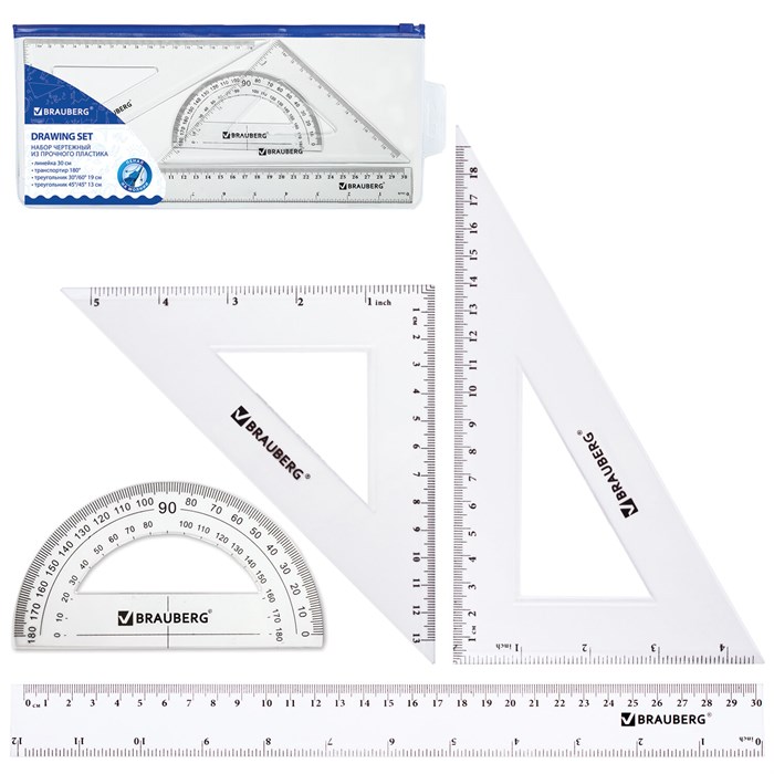 Набор чертежный большой BRAUBERG (линейка 30 см, 2 угольника, транспортир), конверт на молнии, подвес, 210308 210308 - фото 214832