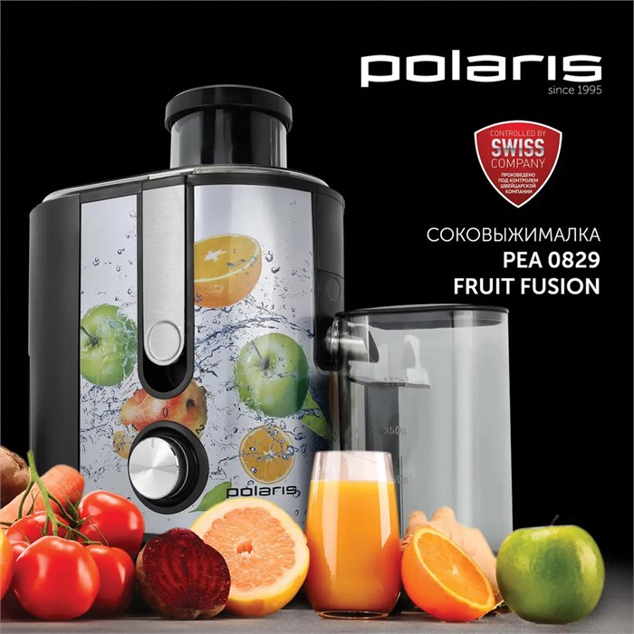 Соковыжималка POLARIS PEA 0829 Fruit Fusion, 800 Вт, стакан 0,35 л, емкость жмыха 1 л, пластик, сталь/черный, 15935 456738 - фото 255985