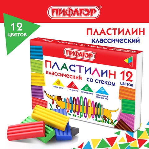 Пластилин классический ПИФАГОР Веселая такса, 12 цветов, 180 г, СО СТЕКОМ, 106675 106675 - фото 267279