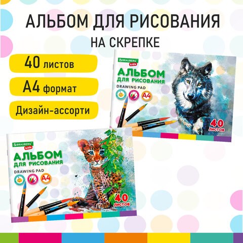 Альбом для рисования, А4, 40 листов, скоба, обложка картон, BRAUBERG KIDS, 200х285 мм, Зверята (2 вида), 106683 106683 - фото 267286