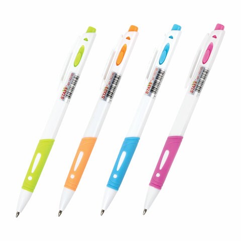 Ручка шариковая автоматическая с грипом STAFF BP-16 White, СИНЯЯ, ассорти, линия письма 0,35 мм, 143749 143749 - фото 269650