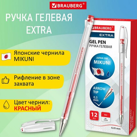 Ручка гелевая BRAUBERG EXTRA, КРАСНАЯ, корпус прозрачный, узел 0,5 мм, линия 0,35 мм, 143903 143903 - фото 269737