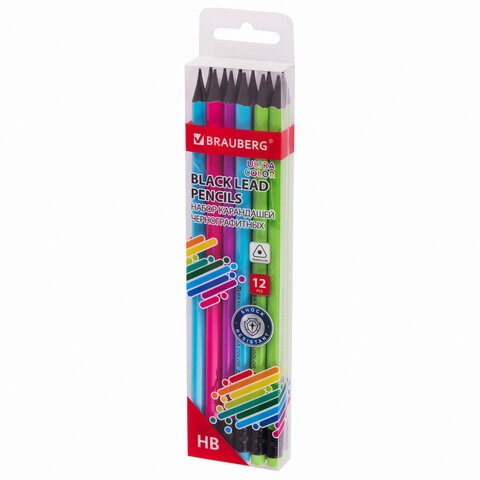 Набор карандашей чернографитных BRAUBERG ULTRA COLOR 12 шт., HB, с ластиком, пластиковые, 181710 181710 - фото 270768