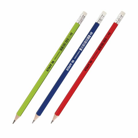 Карандаш чернографитный STAFF Basic BLP-744, 1 шт., НВ, с ластиком, пластик, корпус ассорти, 181744 181744 - фото 270777