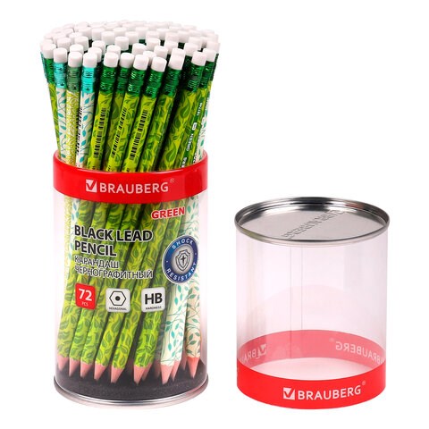 Карандаш чернографитный BRAUBERG GREEN, 1 шт., HB, с ластиком, пластиковый, ассорти, 181746 181746 - фото 270779