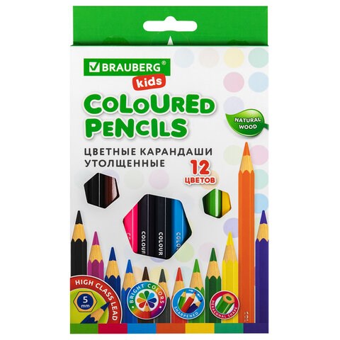 Карандаши цветные утолщенные BRAUBERG KIDS, 12 цветов, шестигранные, грифель 5 мм, натуральное дерево, 181878 181878 - фото 270836