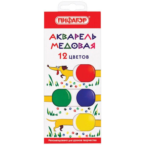 Краски акварельные медовые 12 цветов ПИФАГОР ВЕСЕЛАЯ ТАКСА, картонная коробка, 192007 192007 - фото 271220