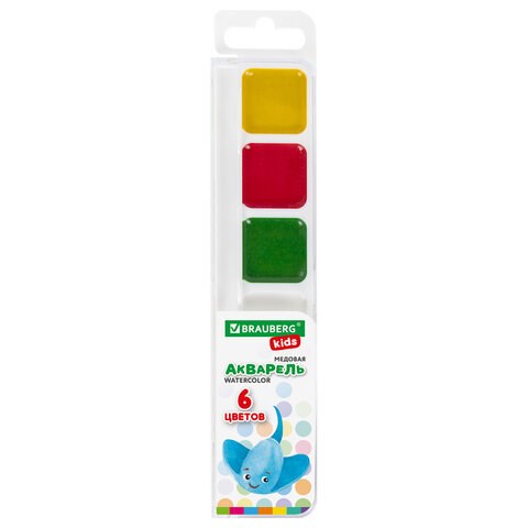Краски акварельные BRAUBERG KIDS, медовые, 6 цветов, квадратные кюветы, пластиковый пенал, 192281 192281 - фото 271280