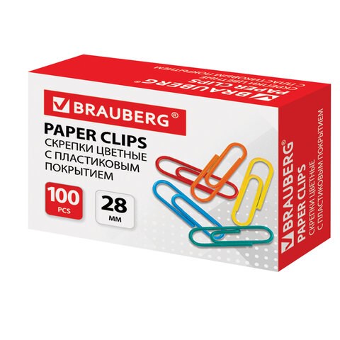 Скрепки BRAUBERG, 28 мм, цветные, 100 шт., в картонной коробке, 220555 220555 - фото 271905