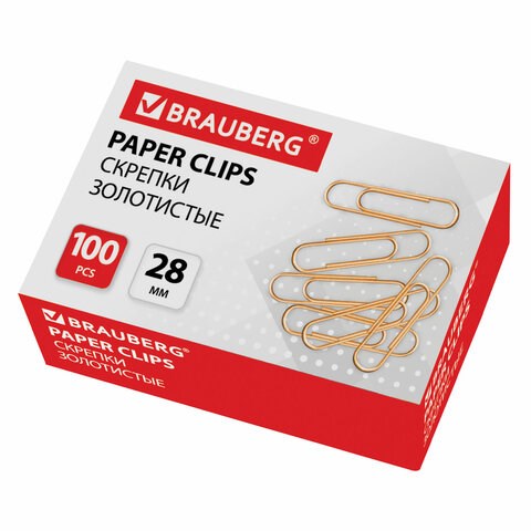 Скрепки BRAUBERG, 28 мм, золотистые, 100 шт., в картонной коробке, 221529 221529 - фото 271979