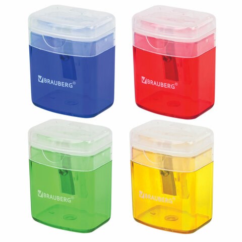 Точилка BRAUBERG OfficeBox, с контейнером и крышкой, прямоугольная, в упаковке с подвесом, ассорти, 222494 222494 - фото 272078