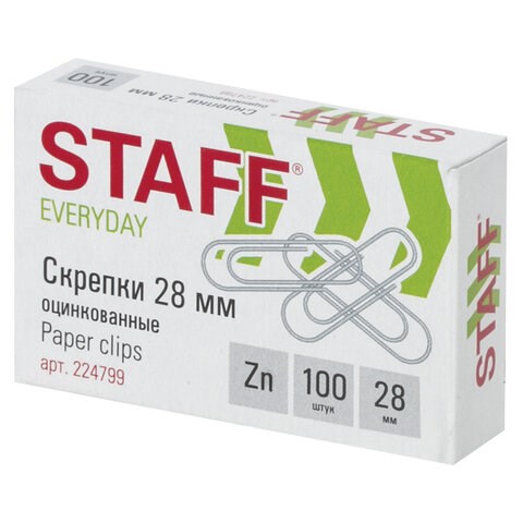 Скрепки STAFF EVERYDAY, 28 мм, оцинкованные, 100 шт., в картонной коробке, 224799 224799 - фото 272287