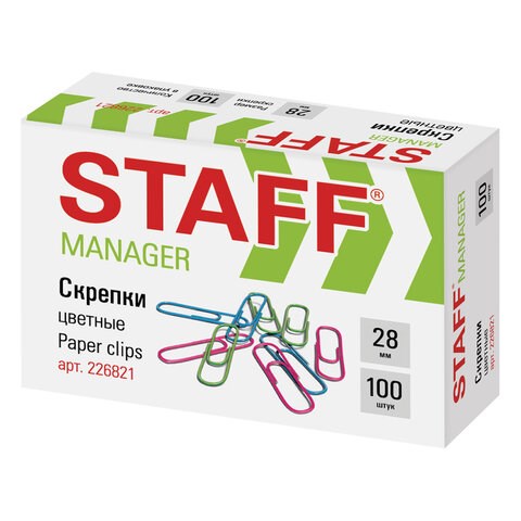 Скрепки STAFF Manager, 28 мм, цветные, 100 шт., в картонной коробке, 226821 226821 - фото 272497