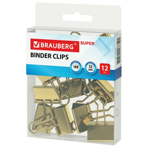 Зажимы для бумаг BRAUBERG EXTRA, КОМПЛЕКТ 12 шт., 32 мм, на 140 л., золотистые, европодвес, 229587 229587 - фото 272932