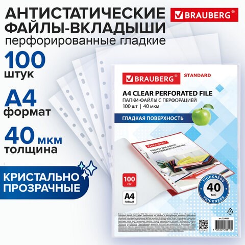 Папки-файлы перфорированные А4 BRAUBERG STANDARD, КОМПЛЕКТ 100 шт., гладкие, 40 мкм, 229661 229661 - фото 272961