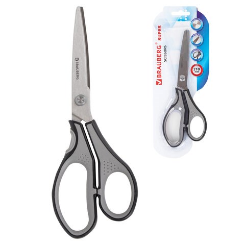 Ножницы BRAUBERG SUPER, 210 мм, серо-черные, 2-х сторонняя заточка, эргономичные ручки, 237296 237296 - фото 273540