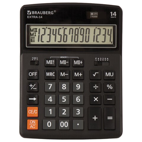Калькулятор настольный BRAUBERG EXTRA-14-BK (206x155 мм), 14 разрядов, двойное питание, ЧЕРНЫЙ, 250474 250474 - фото 274051