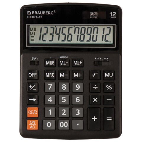 Калькулятор настольный BRAUBERG EXTRA-12-BK (206x155 мм), 12 разрядов, двойное питание, ЧЕРНЫЙ, 250481 250481 - фото 274058