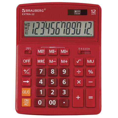 Калькулятор настольный BRAUBERG EXTRA-12-WR (206x155 мм), 12 разрядов, двойное питание, БОРДОВЫЙ, 250484 250484 - фото 274061