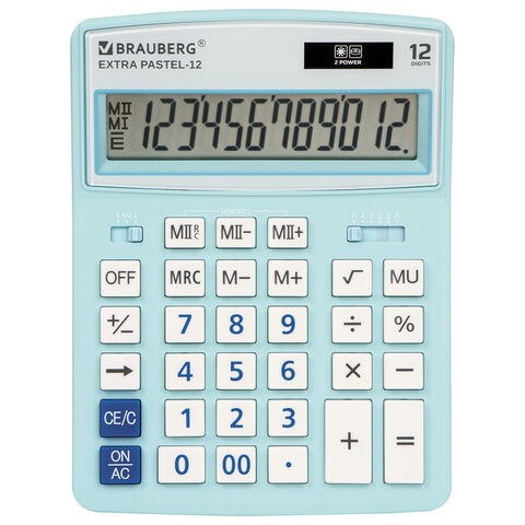 Калькулятор настольный BRAUBERG EXTRA PASTEL-12-LB (206x155 мм), 12 разрядов, двойное питание, ГОЛУБОЙ, 250486 250486 - фото 274063