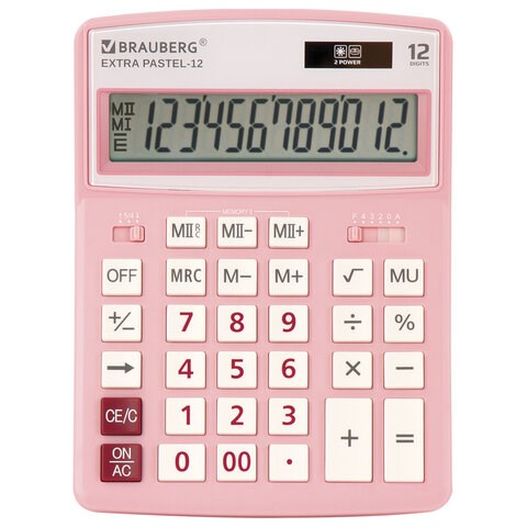 Калькулятор настольный BRAUBERG EXTRA PASTEL-12-PK (206x155 мм), 12 разрядов, двойное питание, РОЗОВЫЙ, 250487 250487 - фото 274064
