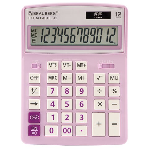 Калькулятор настольный BRAUBERG EXTRA PASTEL-12-PR (206x155 мм), 12 разрядов, двойное питание, СИРЕНЕВЫЙ, 250489 250489 - фото 274066