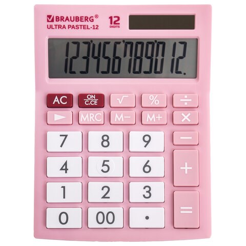 Калькулятор настольный BRAUBERG ULTRA PASTEL-12-PK (192x143 мм), 12 разрядов, двойное питание, РОЗОВЫЙ, 250503 250503 - фото 274075