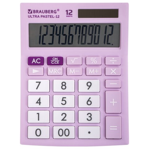Калькулятор настольный BRAUBERG ULTRA PASTEL-12-PR (192x143 мм), 12 разрядов, двойное питание, СИРЕНЕВЫЙ, 250505 250505 - фото 274077