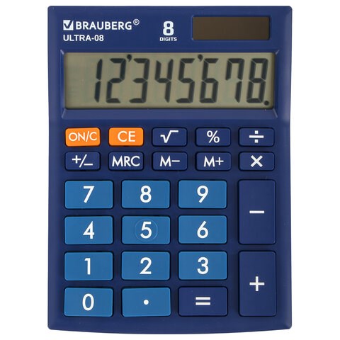 Калькулятор настольный BRAUBERG ULTRA-08-BU, КОМПАКТНЫЙ (154x115 мм), 8 разрядов, двойное питание, СИНИЙ, 250508 250508 - фото 274079