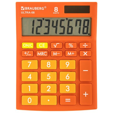 Калькулятор настольный BRAUBERG ULTRA-08-RG, КОМПАКТНЫЙ (154x115 мм), 8 разрядов, двойное питание, ОРАНЖЕВЫЙ, 250511 250511 - фото 274082