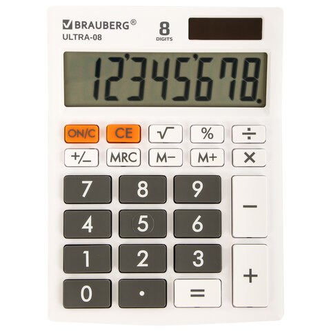Калькулятор настольный BRAUBERG ULTRA-08-WT, КОМПАКТНЫЙ (154x115 мм), 8 разрядов, двойное питание, БЕЛЫЙ, 250512 250512 - фото 274083